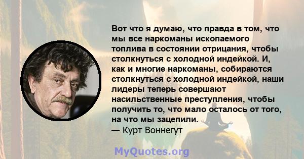 Вот что я думаю, что правда в том, что мы все наркоманы ископаемого топлива в состоянии отрицания, чтобы столкнуться с холодной индейкой. И, как и многие наркоманы, собираются столкнуться с холодной индейкой, наши