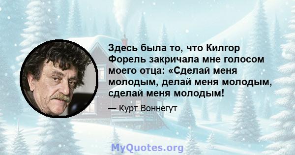 Здесь была то, что Килгор Форель закричала мне голосом моего отца: «Сделай меня молодым, делай меня молодым, сделай меня молодым!