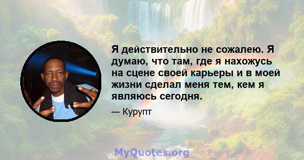 Я действительно не сожалею. Я думаю, что там, где я нахожусь на сцене своей карьеры и в моей жизни сделал меня тем, кем я являюсь сегодня.