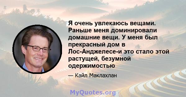 Я очень увлекаюсь вещами. Раньше меня доминировали домашние вещи. У меня был прекрасный дом в Лос-Анджелесе-и это стало этой растущей, безумной одержимостью