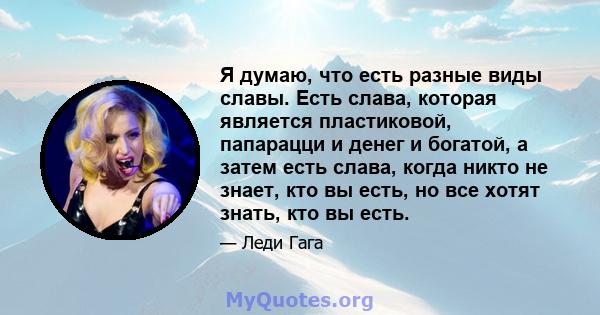 Я думаю, что есть разные виды славы. Есть слава, которая является пластиковой, папарацци и денег и богатой, а затем есть слава, когда никто не знает, кто вы есть, но все хотят знать, кто вы есть.