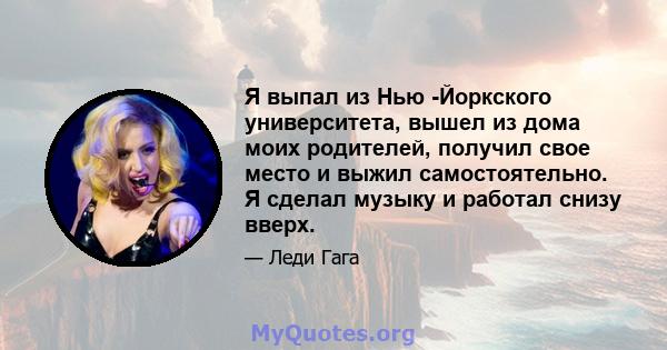 Я выпал из Нью -Йоркского университета, вышел из дома моих родителей, получил свое место и выжил самостоятельно. Я сделал музыку и работал снизу вверх.