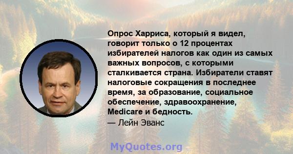 Опрос Харриса, который я видел, говорит только о 12 процентах избирателей налогов как один из самых важных вопросов, с которыми сталкивается страна. Избиратели ставят налоговые сокращения в последнее время, за