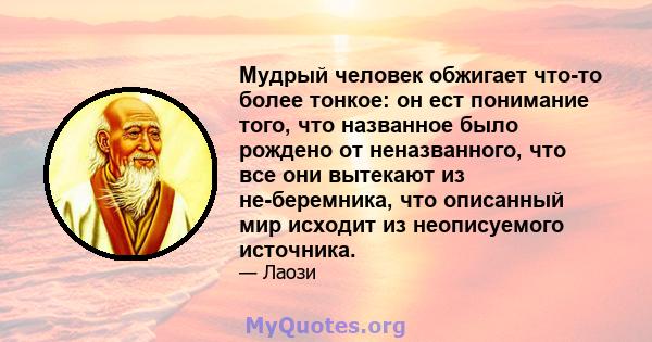 Мудрый человек обжигает что-то более тонкое: он ест понимание того, что названное было рождено от неназванного, что все они вытекают из не-беремника, что описанный мир исходит из неописуемого источника.