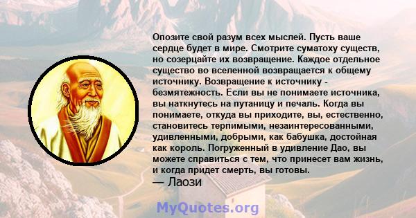 Опозите свой разум всех мыслей. Пусть ваше сердце будет в мире. Смотрите суматоху существ, но созерцайте их возвращение. Каждое отдельное существо во вселенной возвращается к общему источнику. Возвращение к источнику -