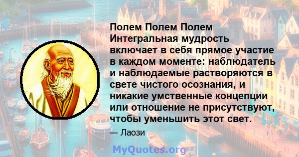 Полем Полем Полем Интегральная мудрость включает в себя прямое участие в каждом моменте: наблюдатель и наблюдаемые растворяются в свете чистого осознания, и никакие умственные концепции или отношение не присутствуют,