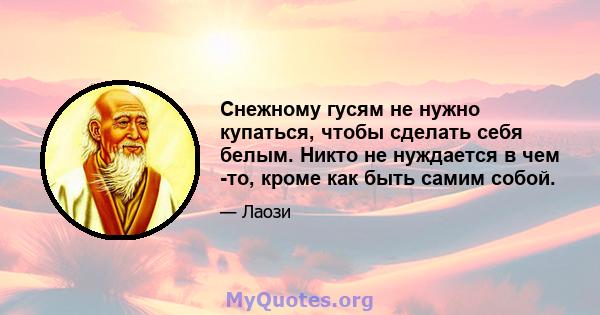 Снежному гусям не нужно купаться, чтобы сделать себя белым. Никто не нуждается в чем -то, кроме как быть самим собой.