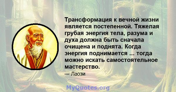 Трансформация к вечной жизни является постепенной. Тяжелая грубая энергия тела, разума и духа должна быть сначала очищена и поднята. Когда энергия поднимается ... тогда можно искать самостоятельное мастерство.