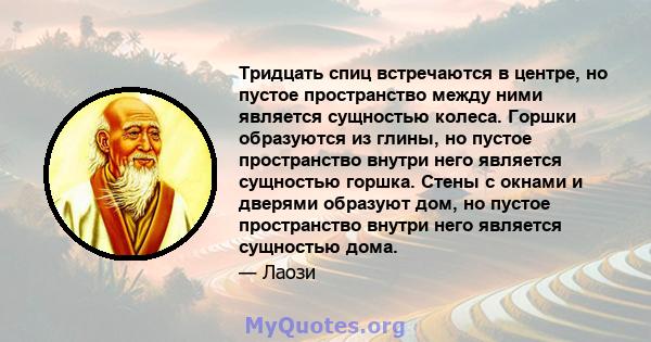 Тридцать спиц встречаются в центре, но пустое пространство между ними является сущностью колеса. Горшки образуются из глины, но пустое пространство внутри него является сущностью горшка. Стены с окнами и дверями