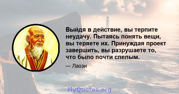 Выйдя в действие, вы терпите неудачу. Пытаясь понять вещи, вы теряете их. Принуждая проект завершить, вы разрушаете то, что было почти спелым.