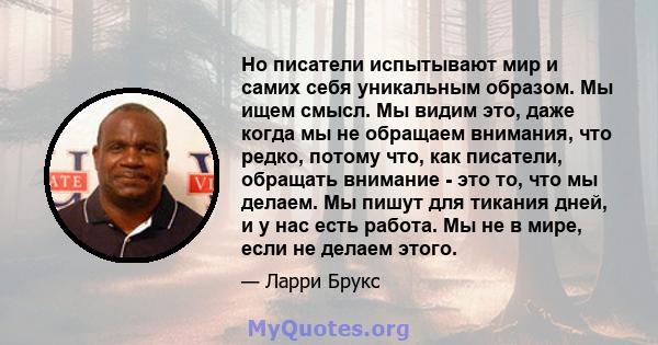 Но писатели испытывают мир и самих себя уникальным образом. Мы ищем смысл. Мы видим это, даже когда мы не обращаем внимания, что редко, потому что, как писатели, обращать внимание - это то, что мы делаем. Мы пишут для