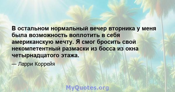 В остальном нормальный вечер вторника у меня была возможность воплотить в себя американскую мечту. Я смог бросить свой некомпетентный размаски из босса из окна четырнадцатого этажа.