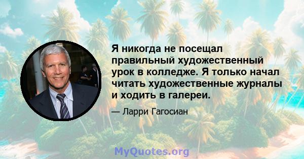 Я никогда не посещал правильный художественный урок в колледже. Я только начал читать художественные журналы и ходить в галереи.