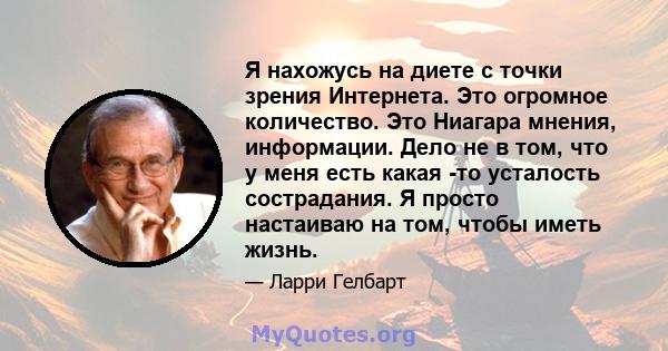 Я нахожусь на диете с точки зрения Интернета. Это огромное количество. Это Ниагара мнения, информации. Дело не в том, что у меня есть какая -то усталость сострадания. Я просто настаиваю на том, чтобы иметь жизнь.