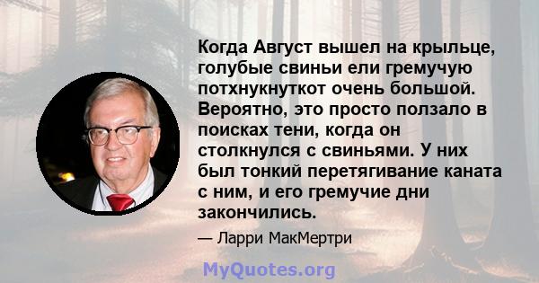 Когда Август вышел на крыльце, голубые свиньи ели гремучую потхнукнуткот очень большой. Вероятно, это просто ползало в поисках тени, когда он столкнулся с свиньями. У них был тонкий перетягивание каната с ним, и его