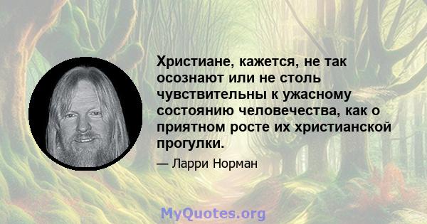 Христиане, кажется, не так осознают или не столь чувствительны к ужасному состоянию человечества, как о приятном росте их христианской прогулки.