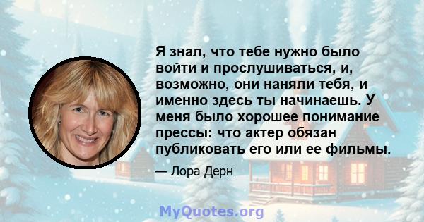 Я знал, что тебе нужно было войти и прослушиваться, и, возможно, они наняли тебя, и именно здесь ты начинаешь. У меня было хорошее понимание прессы: что актер обязан публиковать его или ее фильмы.