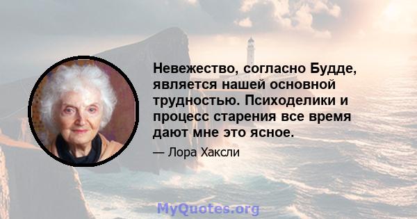 Невежество, согласно Будде, является нашей основной трудностью. Психоделики и процесс старения все время дают мне это ясное.