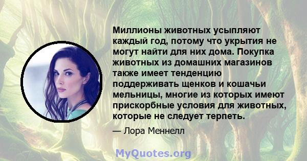 Миллионы животных усыпляют каждый год, потому что укрытия не могут найти для них дома. Покупка животных из домашних магазинов также имеет тенденцию поддерживать щенков и кошачьи мельницы, многие из которых имеют