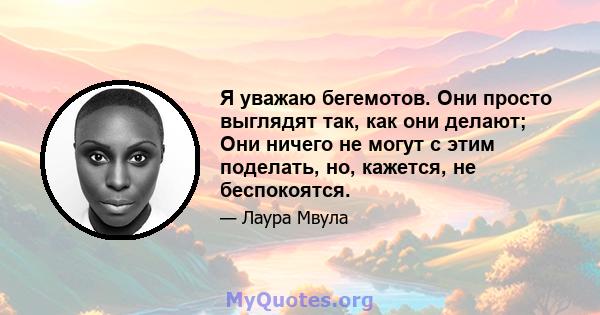 Я уважаю бегемотов. Они просто выглядят так, как они делают; Они ничего не могут с этим поделать, но, кажется, не беспокоятся.