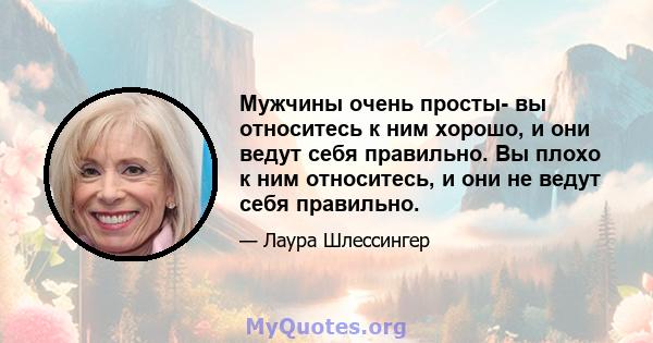 Мужчины очень просты- вы относитесь к ним хорошо, и они ведут себя правильно. Вы плохо к ним относитесь, и они не ведут себя правильно.