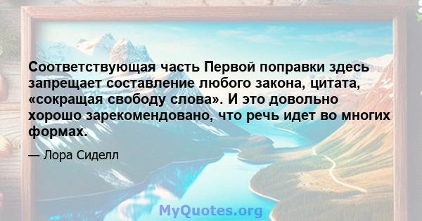 Соответствующая часть Первой поправки здесь запрещает составление любого закона, цитата, «сокращая свободу слова». И это довольно хорошо зарекомендовано, что речь идет во многих формах.