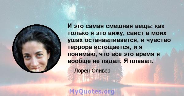 И это самая смешная вещь: как только я это вижу, свист в моих ушах останавливается, и чувство террора истощается, и я понимаю, что все это время я вообще не падал. Я плавал.