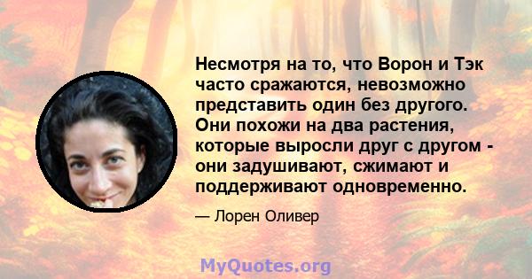 Несмотря на то, что Ворон и Тэк часто сражаются, невозможно представить один без другого. Они похожи на два растения, которые выросли друг с другом - они задушивают, сжимают и поддерживают одновременно.