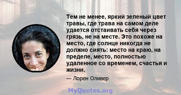 Тем не менее, яркий зеленый цвет травы, где трава на самом деле удается отстаивать себя через грязь, не на месте. Это похоже на место, где солнце никогда не должно сиять: место на краю, на пределе, место, полностью