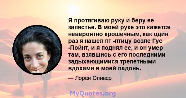 Я протягиваю руку и беру ее запястье. В моей руке это кажется невероятно крошечным, как один раз я нашел пт -птицу возле Гус -Пойнт, и я поднял ее, и он умер там, взявшись с его последними задыхающимися трепетными