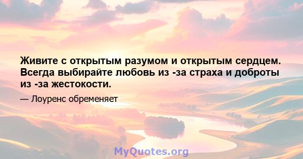 Живите с открытым разумом и открытым сердцем. Всегда выбирайте любовь из -за страха и доброты из -за жестокости.