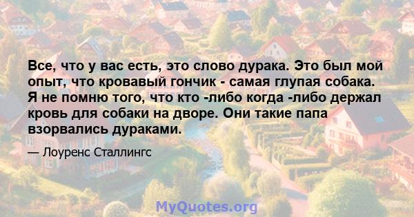 Все, что у вас есть, это слово дурака. Это был мой опыт, что кровавый гончик - самая глупая собака. Я не помню того, что кто -либо когда -либо держал кровь для собаки на дворе. Они такие папа взорвались дураками.