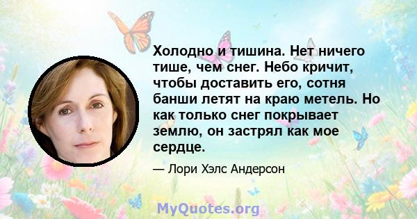 Холодно и тишина. Нет ничего тише, чем снег. Небо кричит, чтобы доставить его, сотня банши летят на краю метель. Но как только снег покрывает землю, он застрял как мое сердце.