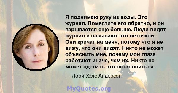 Я поднимаю руку из воды. Это журнал. Поместите его обратно, и он взрывается еще больше. Люди видят журнал и называют это веточкой. Они кричат ​​на меня, потому что я не вижу, что они видят. Никто не может объяснить мне, 