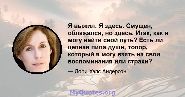 Я выжил. Я здесь. Смущен, облажался, но здесь. Итак, как я могу найти свой путь? Есть ли цепная пила души, топор, который я могу взять на свои воспоминания или страхи?