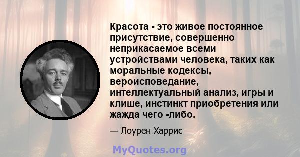 Красота - это живое постоянное присутствие, совершенно неприкасаемое всеми устройствами человека, таких как моральные кодексы, вероисповедание, интеллектуальный анализ, игры и клише, инстинкт приобретения или жажда чего 