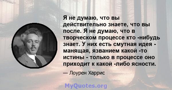 Я не думаю, что вы действительно знаете, что вы после. Я не думаю, что в творческом процессе кто -нибудь знает. У них есть смутная идея - манящая, язванием какой -то истины - только в процессе оно приходит к какой -либо 