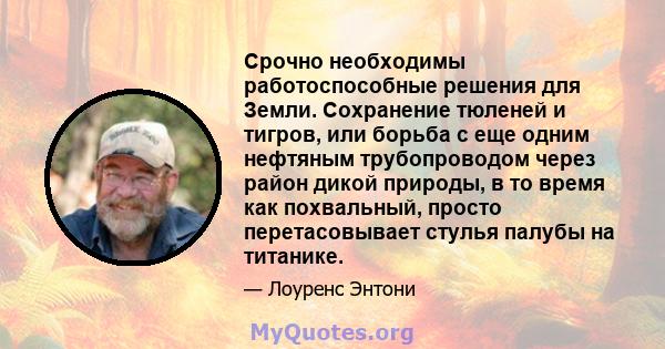 Срочно необходимы работоспособные решения для Земли. Сохранение тюленей и тигров, или борьба с еще одним нефтяным трубопроводом через район дикой природы, в то время как похвальный, просто перетасовывает стулья палубы