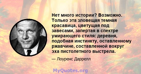 Нет много истории? Возможно. Только эта зловещая темная красавица, цветущая под завесами, запертая в спектре умирающего стиля: деревня, подобная инстинкту, оставленному ржавчине, составленной вокруг эха пистолетного