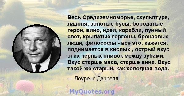 Весь Средиземноморье, скульптура, ладоня, золотые бусы, бородатые герои, вино, идеи, корабли, лунный свет, крылатые горгоны, бронзовые люди, философы - все это, кажется, поднимается в кислых , острый вкус этих черных