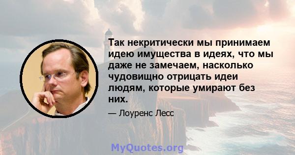 Так некритически мы принимаем идею имущества в идеях, что мы даже не замечаем, насколько чудовищно отрицать идеи людям, которые умирают без них.