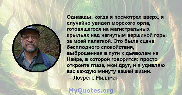 Однажды, когда я посмотрел вверх, я случайно увидел морского орла, готовящегося на магистральных крыльях над нагнутым вершиной горы за моей палаткой. Это была сцена бесплодного спокойствия, выброшенная в пути к дьяволам 