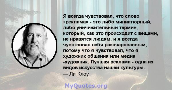 Я всегда чувствовал, что слово «реклама» - это либо миниатюрный, либо уничижительный термин, который, как это происходит с вещами, не нравятся людям, и я всегда чувствовал себя разочарованным, потому что я чувствовал,