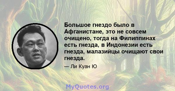 Большое гнездо было в Афганистане, это не совсем очищено, тогда на Филиппинах есть гнезда, в Индонезии есть гнезда, малазийцы очищают свои гнезда.