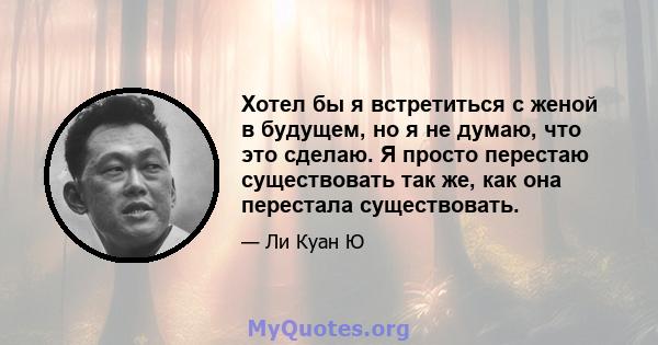 Хотел бы я встретиться с женой в будущем, но я не думаю, что это сделаю. Я просто перестаю существовать так же, как она перестала существовать.