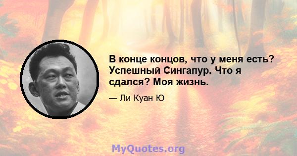 В конце концов, что у меня есть? Успешный Сингапур. Что я сдался? Моя жизнь.