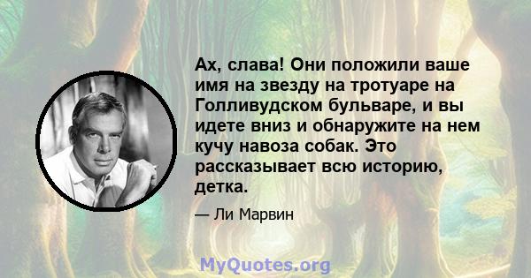 Ах, слава! Они положили ваше имя на звезду на тротуаре на Голливудском бульваре, и вы идете вниз и обнаружите на нем кучу навоза собак. Это рассказывает всю историю, детка.