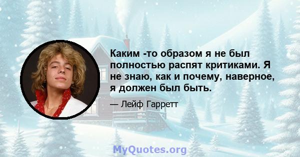 Каким -то образом я не был полностью распят критиками. Я не знаю, как и почему, наверное, я должен был быть.