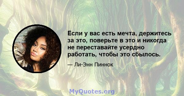 Если у вас есть мечта, держитесь за это, поверьте в это и никогда не переставайте усердно работать, чтобы это сбылось.