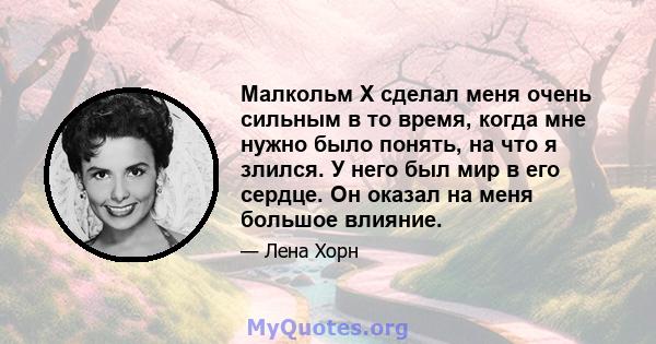 Малкольм X сделал меня очень сильным в то время, когда мне нужно было понять, на что я злился. У него был мир в его сердце. Он оказал на меня большое влияние.